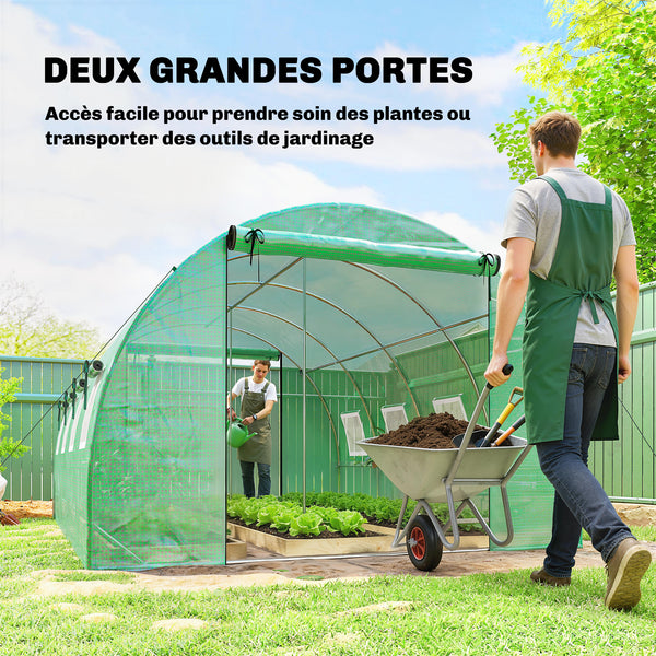 Serre tunnel de jardin 12m², serre de jardin tunnel 295x400x200cm avec cadre en acier galvanisé, 2 portes et 8 fenêtres avec moustiquaires pour extérieur bâche PE haute densité 140 g/m² vert