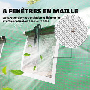 Serre tunnel de jardin 12m², serre de jardin tunnel 295x400x200cm avec cadre en acier galvanisé, 2 portes et 8 fenêtres avec moustiquaires pour extérieur bâche PE haute densité 140 g/m² vert