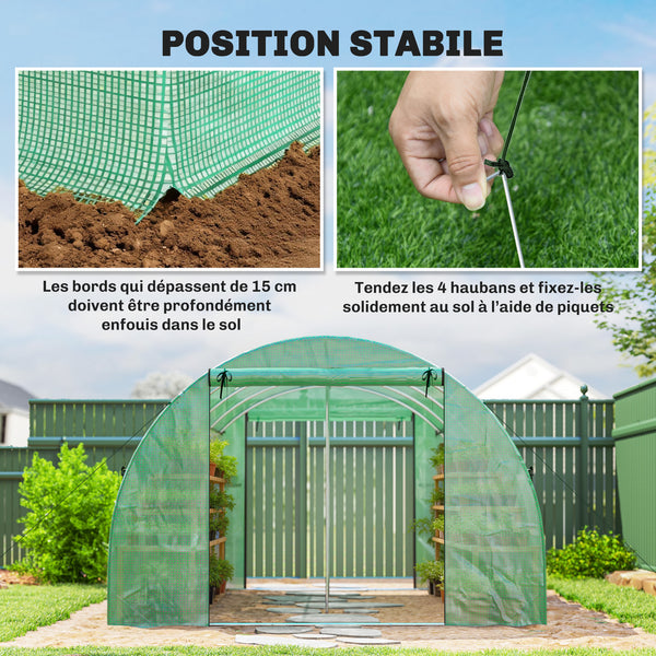 Serre tunnel de jardin 12m², serre de jardin tunnel 295x400x200cm avec cadre en acier galvanisé, 2 portes et 8 fenêtres avec moustiquaires pour extérieur bâche PE haute densité 140 g/m² vert