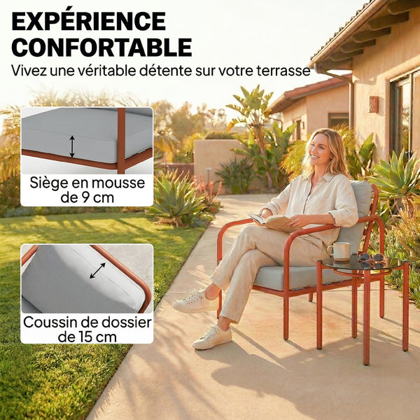Salon de Jardin 3 Pièces, 2 Fauteuils avec Coussins Amovibles Épais, 1 Table Basse avec Plateau en Verre Trempé, Cadre en Acier, Ensemble de Jardin pour Patio Balcon Terrasse, Rouge Vineux