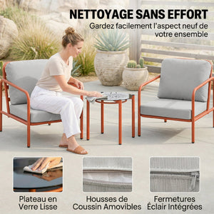 Salon de Jardin 3 Pièces, 2 Fauteuils avec Coussins Amovibles Épais, 1 Table Basse avec Plateau en Verre Trempé, Cadre en Acier, Ensemble de Jardin pour Patio Balcon Terrasse, Rouge Vineux