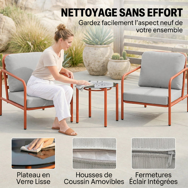 Salon de Jardin 3 Pièces, 2 Fauteuils avec Coussins Amovibles Épais, 1 Table Basse avec Plateau en Verre Trempé, Cadre en Acier, Ensemble de Jardin pour Patio Balcon Terrasse, Rouge Vineux