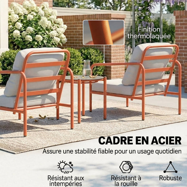 Salon de Jardin 3 Pièces, 2 Fauteuils avec Coussins Amovibles Épais, 1 Table Basse avec Plateau en Verre Trempé, Cadre en Acier, Ensemble de Jardin pour Patio Balcon Terrasse, Rouge Vineux