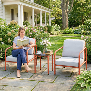 Salon de Jardin 3 Pièces, 2 Fauteuils avec Coussins Amovibles Épais, 1 Table Basse avec Plateau en Verre Trempé, Cadre en Acier, Ensemble de Jardin pour Patio Balcon Terrasse, Rouge Vineux