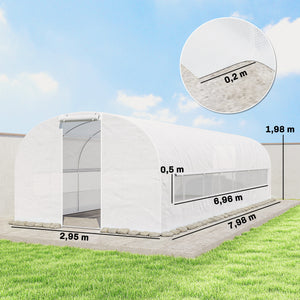 Serre tunnel de jardin 24m², serre de jardin tunnel 295x798x198cm avec cadre en acier galvanisé, portes et 2 grandes fenêtres, bâche PE haute densité 140 g/m² prolongée de 20 cm, blanc