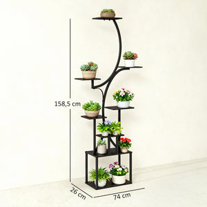Étagère à fleurs en métal à 8 niveaux, étagère à plantes en forme de S 158,5 cm, support de plantes, intérieur et extérieur, pour jardin, balcon, terrasse ou coin du salon, noir