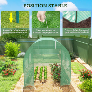 Serre de Jardin Tunnel 5 m² 2,5L x 2l x 2H m Acier renforcé Ø 1,8 cm + PE Haute densité 140 g/m² fenêtres Porte déroulante Vert