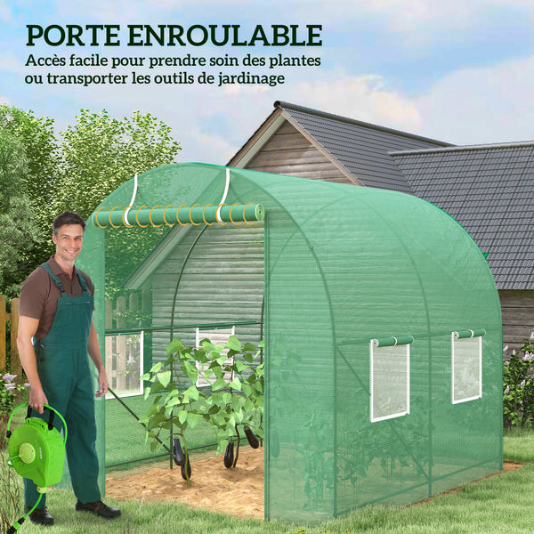 Serre de Jardin Tunnel 5 m² 2,5L x 2l x 2H m Acier renforcé Ø 1,8 cm + PE Haute densité 140 g/m² fenêtres Porte déroulante Vert