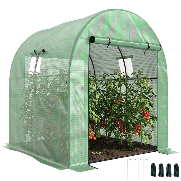 Serre de jardin serre tunnel de jardin 3,24m² PE Haute densité 135 g/m², avec 2 portes zippées enroulables 2 fenêtres en maille, pour toutes saisons, 180 x 180 x 200 cm, vert