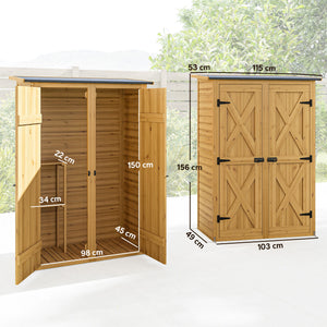 Abri de Rangement en Bois, Cabane de Jardin avec 2 Étagères, Double Portes et Loquets, Armoire à Outils avec Toit Incliné pour Terrasse, Jardin, Garage, Marron