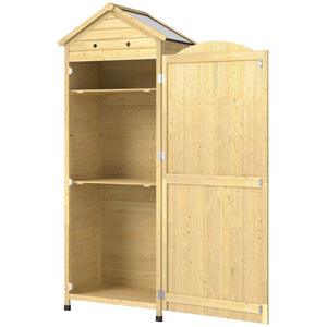Armoire de Jardin en Bois - Abri de Jardin 213cm de Haut avec Toit en Métal Galvanisé - Remise à Outils à Long Manche, Texture Gaufrée et Étagères Réglables pour Terrasse, Bois Naturel