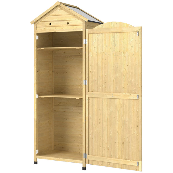 Armoire de Jardin en Bois - Abri de Jardin 213cm de Haut avec Toit en Métal Galvanisé - Remise à Outils à Long Manche, Texture Gaufrée et Étagères Réglables pour Terrasse, Bois Naturel