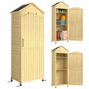 Armoire de Jardin en Bois - Abri de Jardin 213cm de Haut avec Toit en Métal Galvanisé - Remise à Outils à Long Manche, Texture Gaufrée et Étagères Réglables pour Terrasse, Bois Naturel