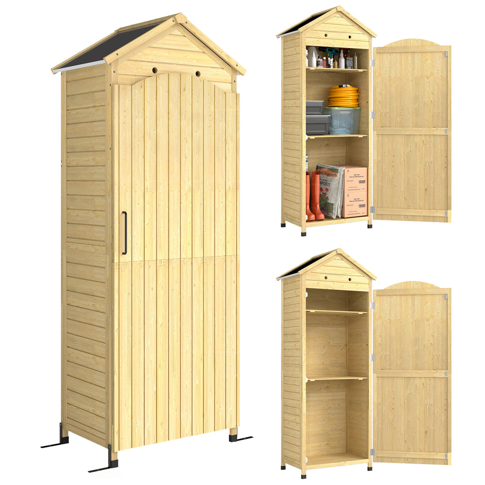 Armoire de Jardin en Bois - Abri de Jardin 213cm de Haut avec Toit en Métal Galvanisé - Remise à Outils à Long Manche, Texture Gaufrée et Étagères Réglables pour Terrasse, Bois Naturel