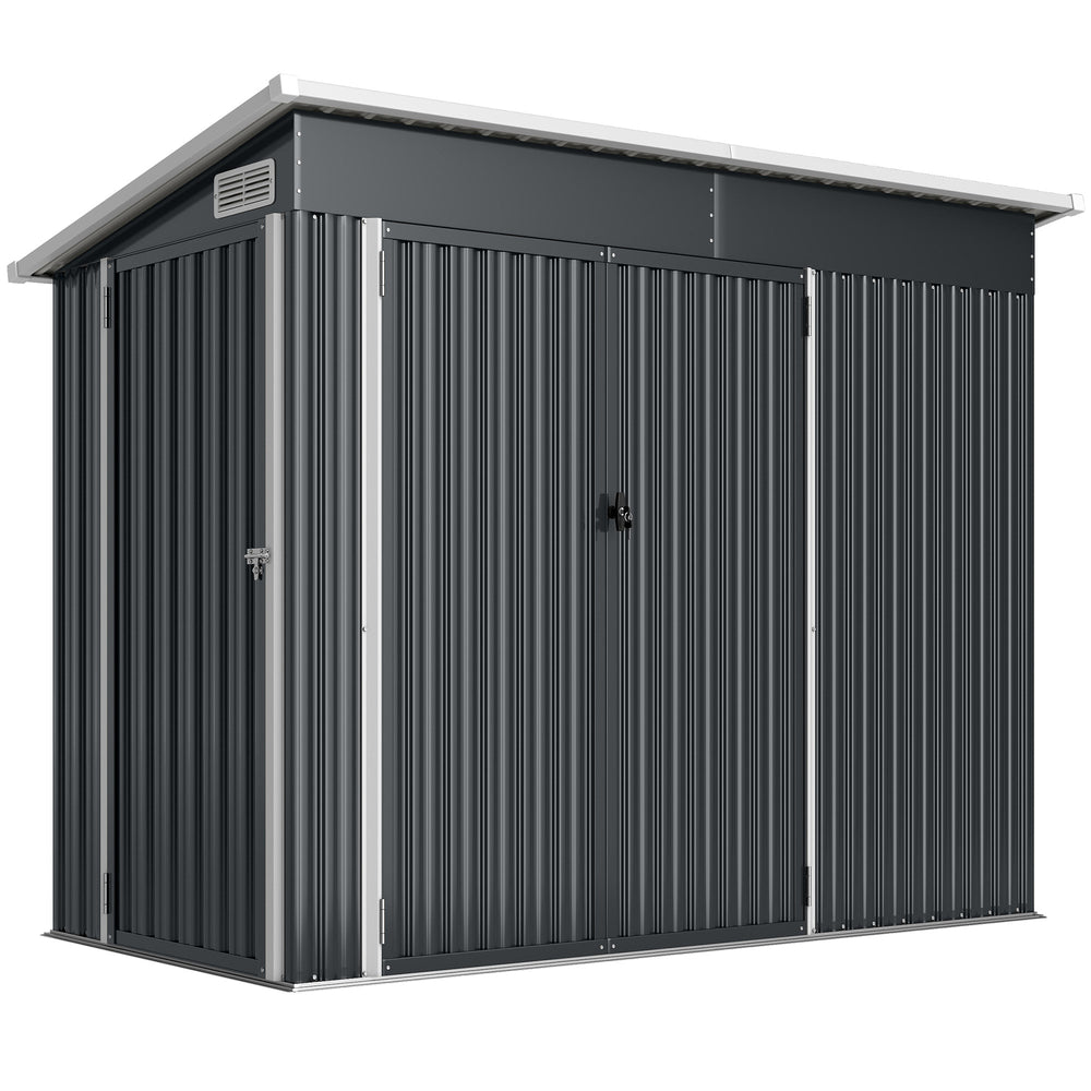 Abri de jardin en métal, cabane de jardin extérieure 234 x 132 x 185 cm, triple porte verrouillable, toit incliné, aérations et gants, cabanon rangement outils en acier galvanisé, gris foncé