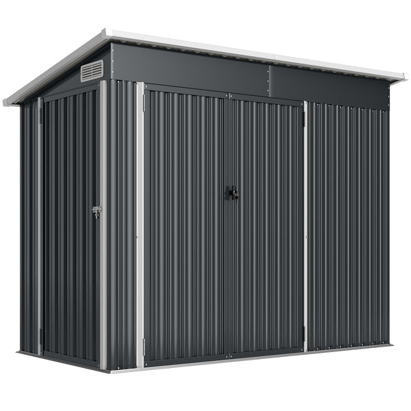 Abri de jardin en métal, cabane de jardin extérieure 234 x 132 x 185 cm, triple porte verrouillable, toit incliné, aérations et gants, cabanon rangement outils en acier galvanisé, gris foncé