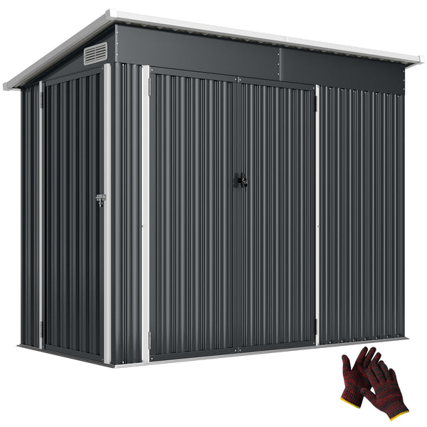 Abri de jardin en métal, cabane de jardin extérieure 234 x 132 x 185 cm, triple porte verrouillable, toit incliné, aérations et gants, cabanon rangement outils en acier galvanisé, gris foncé