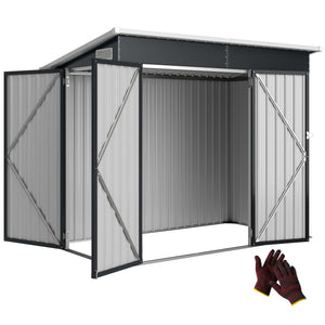 Abri de jardin en métal, cabane de jardin extérieure 234 x 132 x 185 cm, triple porte verrouillable, toit incliné, aérations et gants, cabanon rangement outils en acier galvanisé, gris foncé