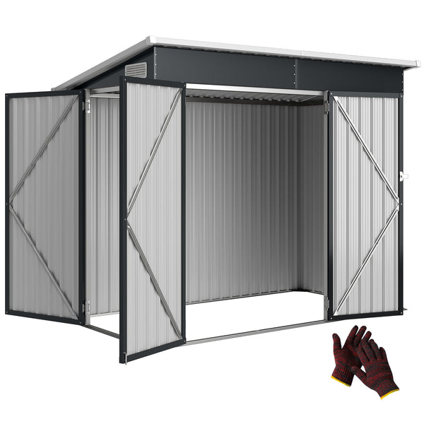 Abri de jardin en métal, cabane de jardin extérieure 234 x 132 x 185 cm, triple porte verrouillable, toit incliné, aérations et gants, cabanon rangement outils en acier galvanisé, gris foncé