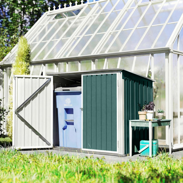 Cache Poubelle Double Acier Galvanisé pour 2 Poubelles de 240L - Abri de Jardin avec Couvercle Lié par Chaînes, Vérins à Gaz et Portes Verrouillables - Coffre de Jardin 179,5x108x129,5cm Vert