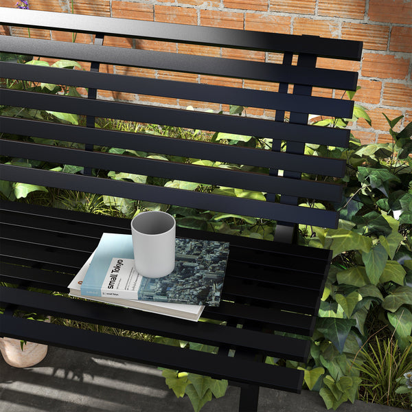 Banc de jardin banquette extérieur 2 Places Assise Dossier à Lattes, en aluminium, dim. 123L x 67l x 79H cm, noir