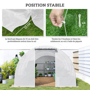 Serre de Jardin Tunnel 13,5 m² 4,5L x 3l x 2H m - 6 fenêtres, Porte zippée Enroulable - châssis Tubulaire Acier galvanisé, bâche PE Haute densité Blanc