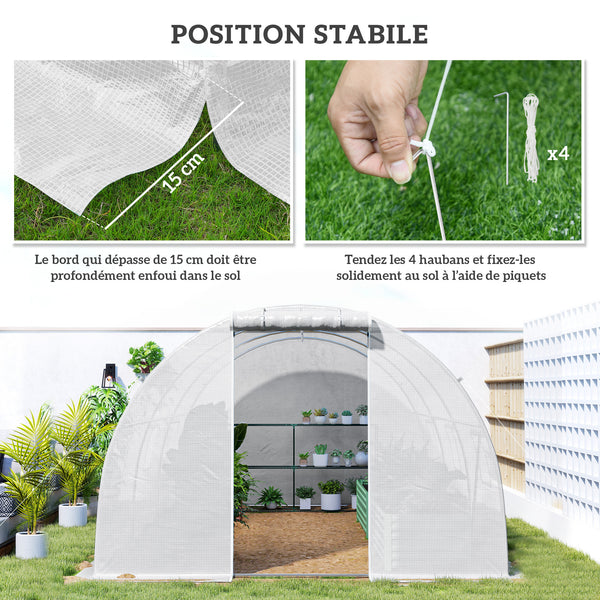 Serre de Jardin Tunnel 13,5 m² 4,5L x 3l x 2H m - 6 fenêtres, Porte zippée Enroulable - châssis Tubulaire Acier galvanisé, bâche PE Haute densité Blanc
