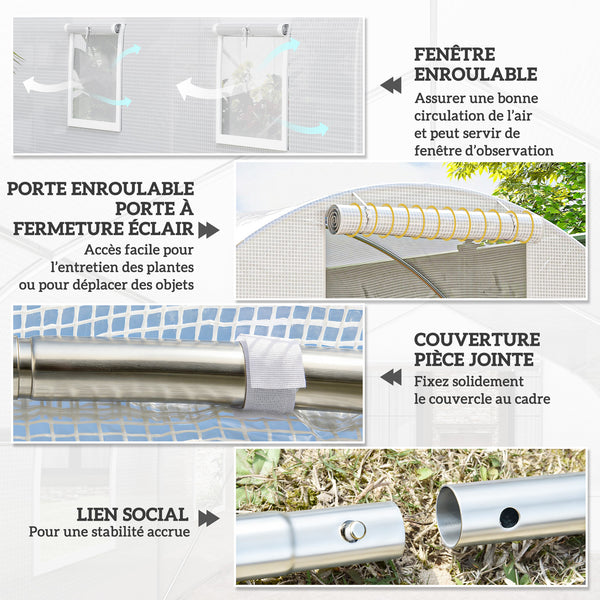 Serre de Jardin Tunnel 13,5 m² 4,5L x 3l x 2H m - 6 fenêtres, Porte zippée Enroulable - châssis Tubulaire Acier galvanisé, bâche PE Haute densité Blanc