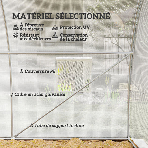 Serre de Jardin Tunnel 13,5 m² 4,5L x 3l x 2H m - 6 fenêtres, Porte zippée Enroulable - châssis Tubulaire Acier galvanisé, bâche PE Haute densité Blanc