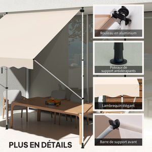 Store banne Manuel rétractable 3L x 1,5l m Auvent Téléscopique sans Perçage Inclinaison et Hauteur réglable Installation Rapide métal alu Polyester Anti-UV beige