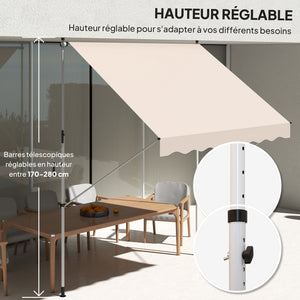 Store banne Manuel rétractable 3L x 1,5l m Auvent Téléscopique sans Perçage Inclinaison et Hauteur réglable Installation Rapide métal alu Polyester Anti-UV beige