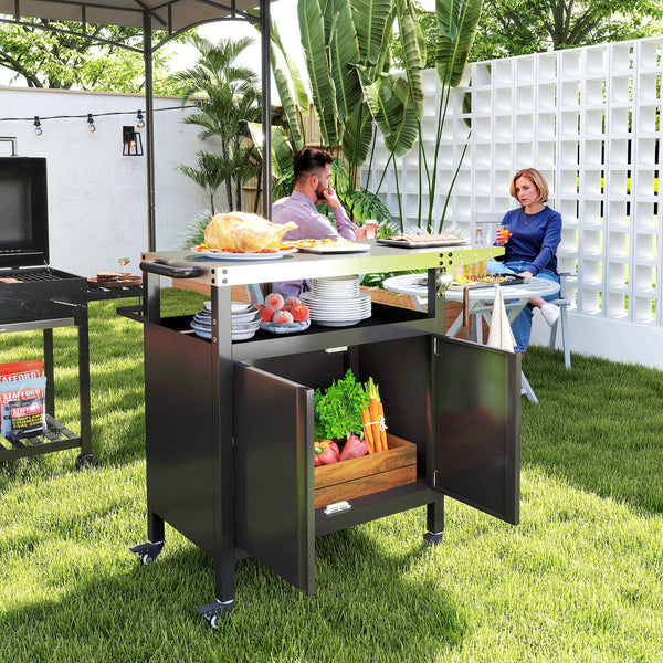Desserte jardin chariot de barbecue avec tablette pliable, desserte pour plancha avec plateau en acier inoxydable et crochets, desserte extérieur à roulettes, 116 x 50 x 93 cm, noir