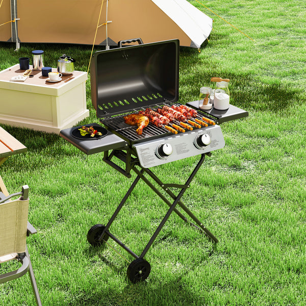 Barbecue gaz transportable pliable, 2 brûleurs 5,6 kW barbecue gaz de camping avec grille de cuisson, étagères latérales, couvercle, thermomètre et roues, pour camping, jardin et balcon noir