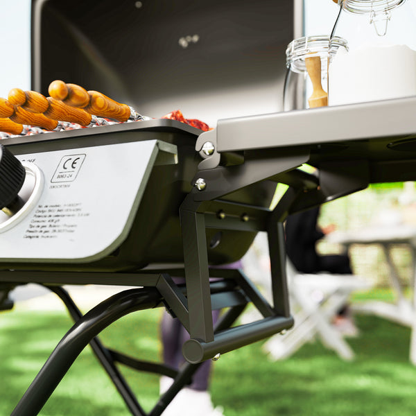 Barbecue gaz transportable pliable, 2 brûleurs 5,6 kW barbecue gaz de camping avec grille de cuisson, étagères latérales, couvercle, thermomètre et roues, pour camping, jardin et balcon noir