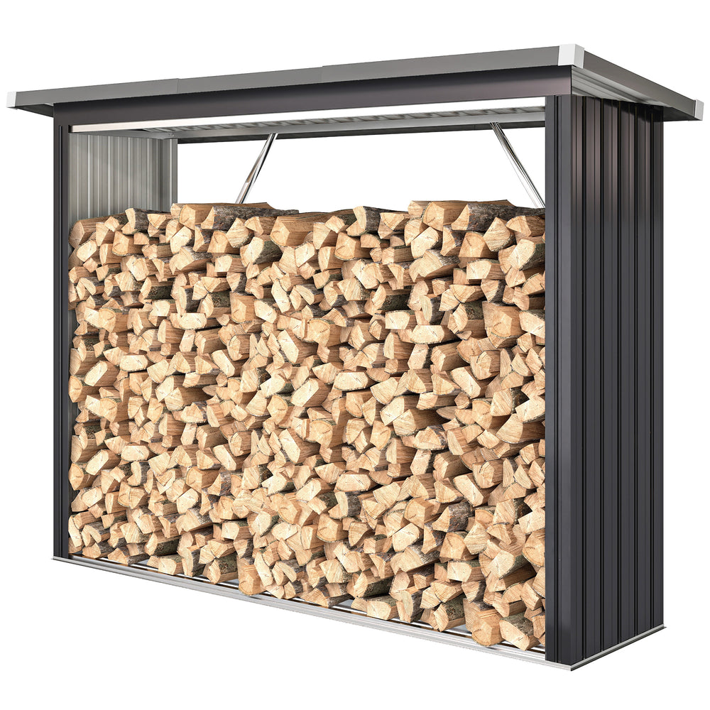 Abri-bûches Couvert en Acier Galvanisé, Support pour Bois de Chauffage Robuste, Montage Rapide, Étagère à Bûches Extérieur Plancher Surélevé Toit Incliné, 213x66,5x150cm, Gris Foncé