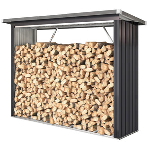 Abri-bûches Couvert en Acier Galvanisé, Support pour Bois de Chauffage Robuste, Montage Rapide, Étagère à Bûches Extérieur Plancher Surélevé Toit Incliné, 213x66,5x150cm, Gris Foncé