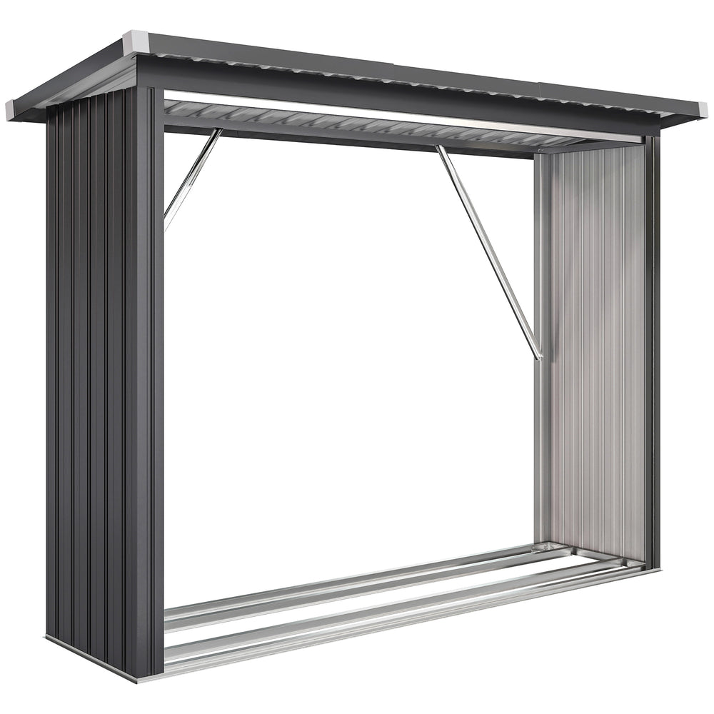 Abri-bûches Couvert en Acier Galvanisé, Support pour Bois de Chauffage Robuste, Montage Rapide, Étagère à Bûches Extérieur Plancher Surélevé Toit Incliné, 213x66,5x150cm, Gris Foncé