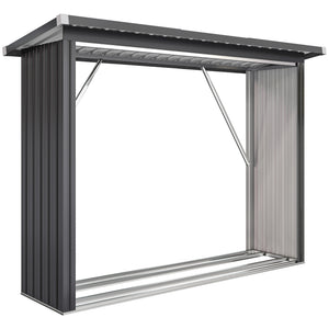 Abri-bûches Couvert en Acier Galvanisé, Support pour Bois de Chauffage Robuste, Montage Rapide, Étagère à Bûches Extérieur Plancher Surélevé Toit Incliné, 213x66,5x150cm, Gris Foncé
