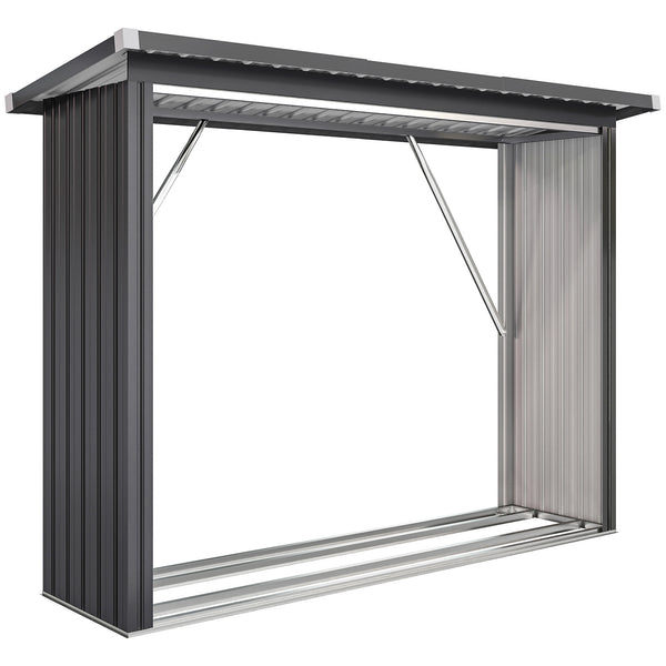 Abri-bûches Couvert en Acier Galvanisé, Support pour Bois de Chauffage Robuste, Montage Rapide, Étagère à Bûches Extérieur Plancher Surélevé Toit Incliné, 213x66,5x150cm, Gris Foncé
