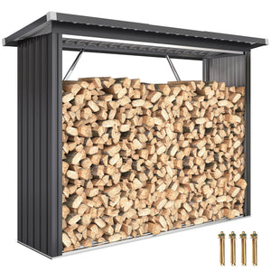 Abri-bûches Couvert en Acier Galvanisé, Support pour Bois de Chauffage Robuste, Montage Rapide, Étagère à Bûches Extérieur Plancher Surélevé Toit Incliné, 213x66,5x150cm, Gris Foncé