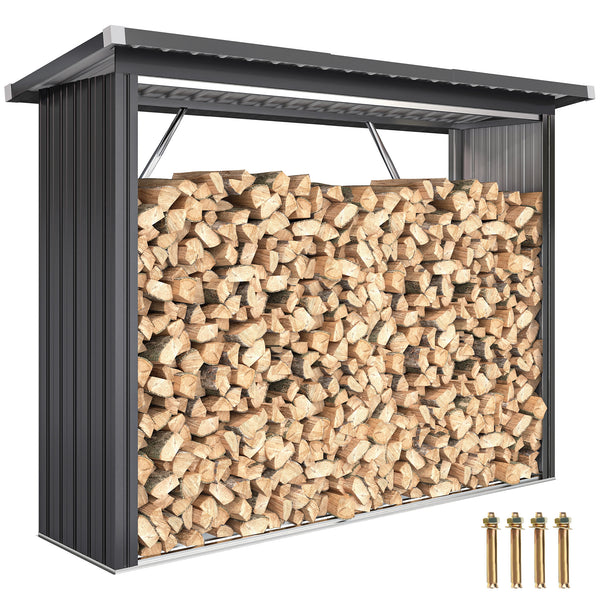 Abri-bûches Couvert en Acier Galvanisé, Support pour Bois de Chauffage Robuste, Montage Rapide, Étagère à Bûches Extérieur Plancher Surélevé Toit Incliné, 213x66,5x150cm, Gris Foncé