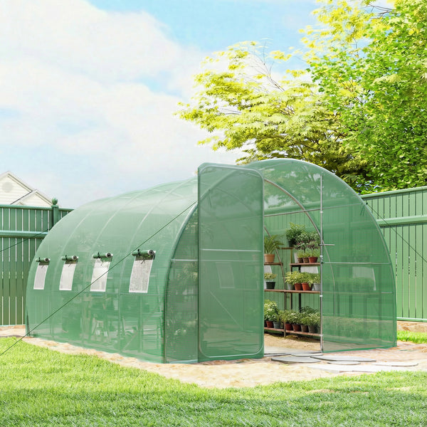 Serre tunnel de jardin 12m², serre de jardin tunnel 295x400x200cm avec cadre en acier galvanisé, porte et 8 fenêtres, pour extérieur, toutes saisons, bâche PE haute densité 140 g/m² vert