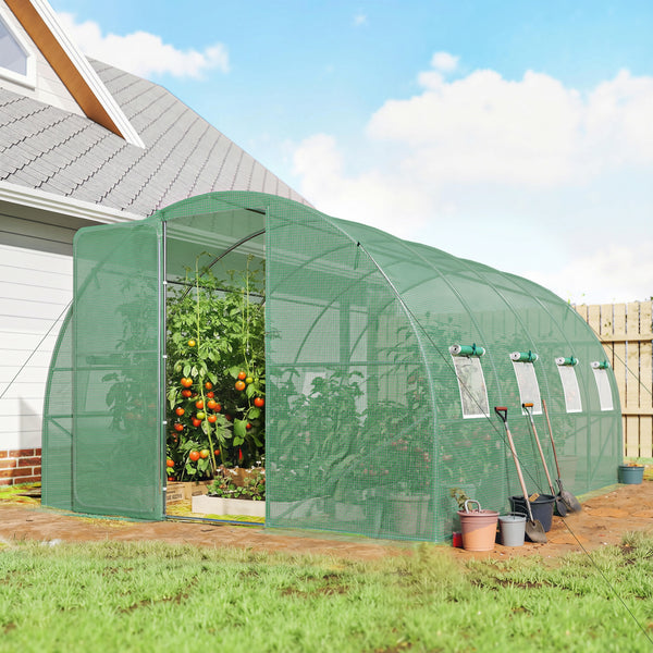 Serre tunnel de jardin 12m², serre de jardin tunnel 295x400x200cm avec cadre en acier galvanisé, porte et 8 fenêtres, pour extérieur, toutes saisons, bâche PE haute densité 140 g/m² vert