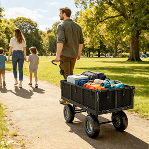 Chariot de jardin 300 Kg, chariot de transport chariot à roulettes avec bâche amovible et poignée rotative à 180°, chariot remorque avec parois rabattables et pneus gonflables 25 cm, noir