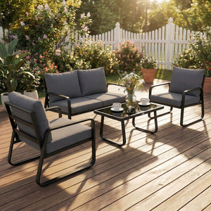 Salon de Jardin 4 Pièces avec Coussins Déhoussables Très Épais 16cm - Canapé et Fauteuils de Terrasse en Métal Robuste - Salon Bas de Jardin, Table Basse en Verre Trempé, Noir