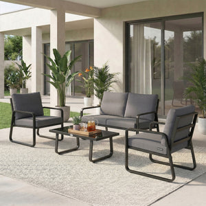 Salon de Jardin 4 Pièces avec Coussins Déhoussables Très Épais 16cm - Canapé et Fauteuils de Terrasse en Métal Robuste - Salon Bas de Jardin, Table Basse en Verre Trempé, Noir