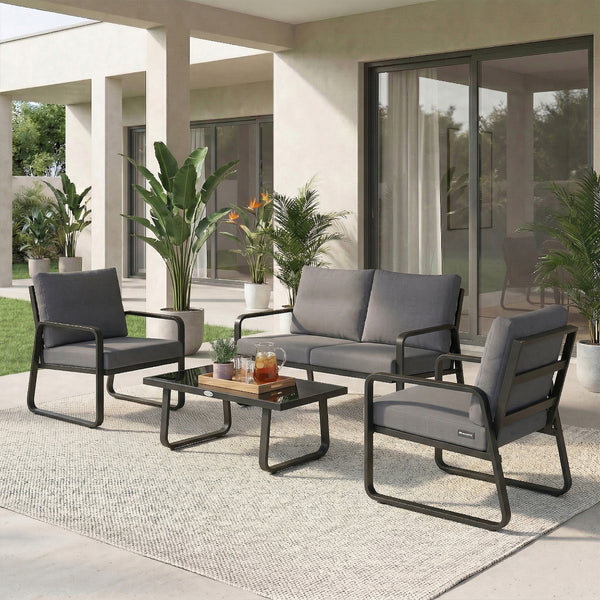 Salon de Jardin 4 Pièces avec Coussins Déhoussables Très Épais 16cm - Canapé et Fauteuils de Terrasse en Métal Robuste - Salon Bas de Jardin, Table Basse en Verre Trempé, Noir