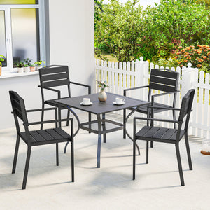 - Ensemble de 4 chaises de jardin empilables, avec assise et dossier en HDPE à lattes, accoudoirs et structure en métal, pour terrasse ou balcon, noir