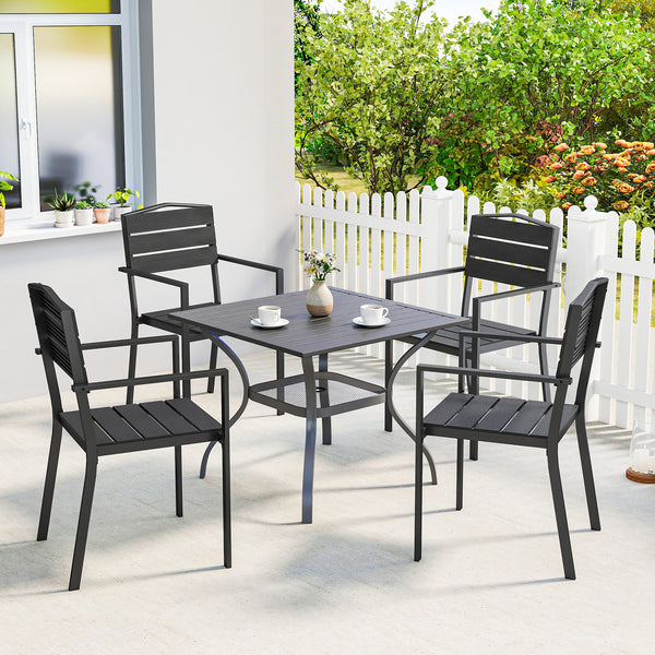 - Ensemble de 4 chaises de jardin empilables, avec assise et dossier en HDPE à lattes, accoudoirs et structure en métal, pour terrasse ou balcon, noir