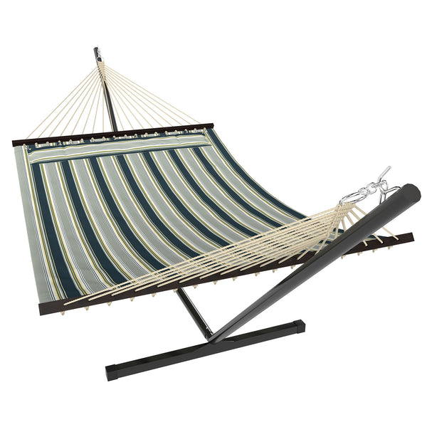 Hamac sur pied 353 cm, hamac avec support acier avec coussin amovible et barres d'écartement, pour intérieur et extérieur, lit de sieste rayé, vert